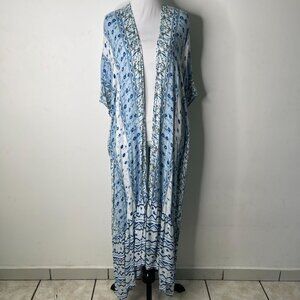 Free People Women's Blue White Printed Short Sleeve Kimono One Size
